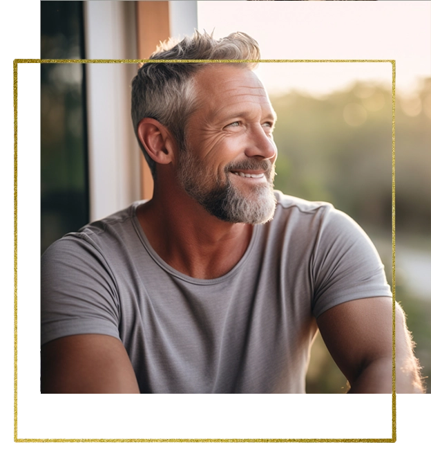 Men smiling, looking outside