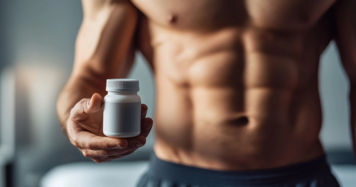 Muscular man with a six-pack holding a white supplement bottle, potentially related to Testosterone Replacement Therapy (TRT) in St. Louis, MO.