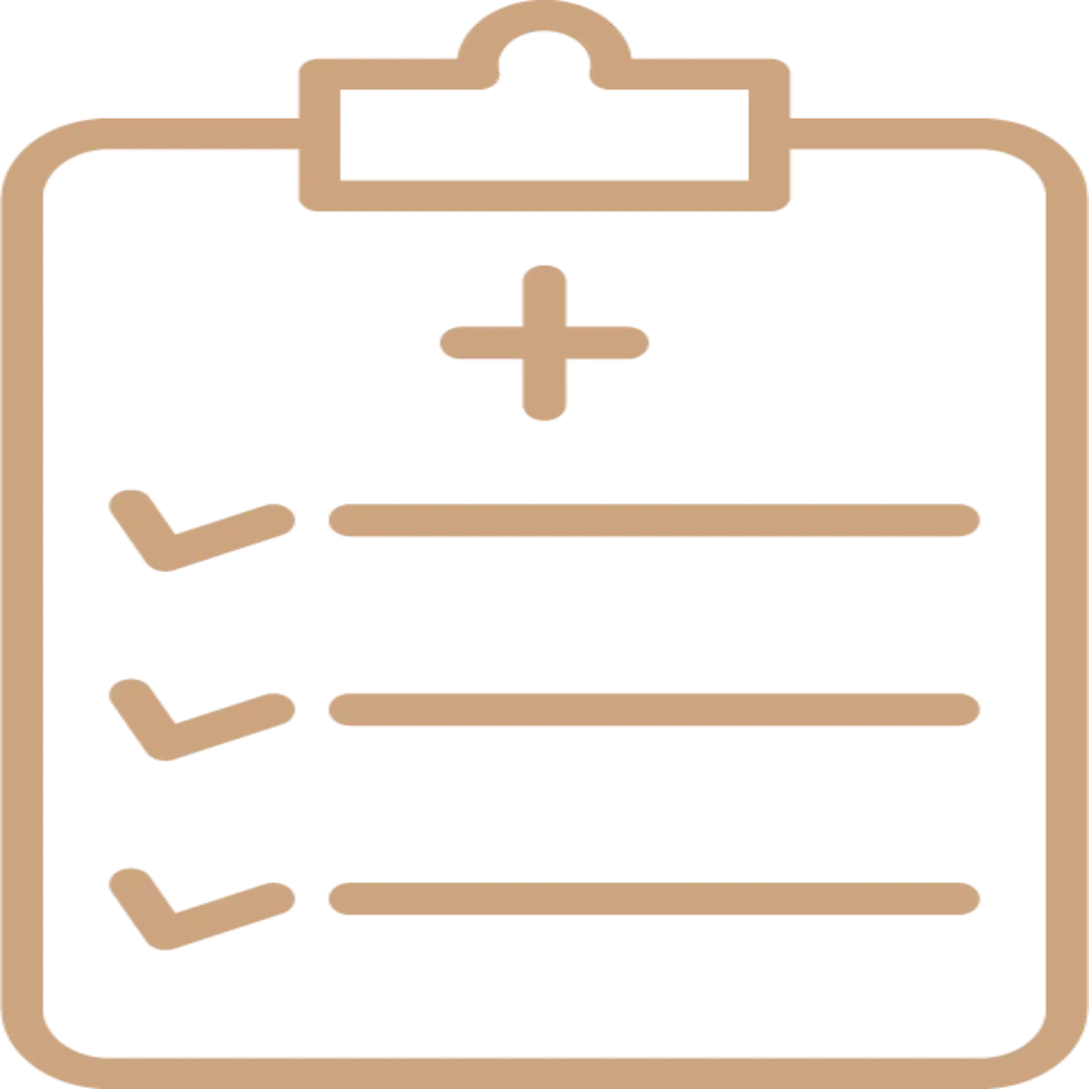 a clipboard with check marks and a cross